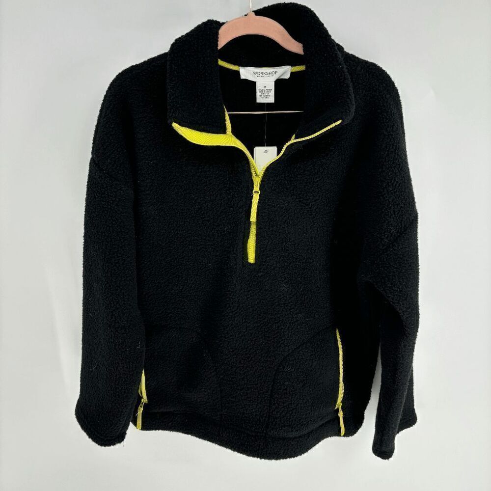Workshop Teddy Women Black Neon New pullover quarter zip sweatshirt jacket Med